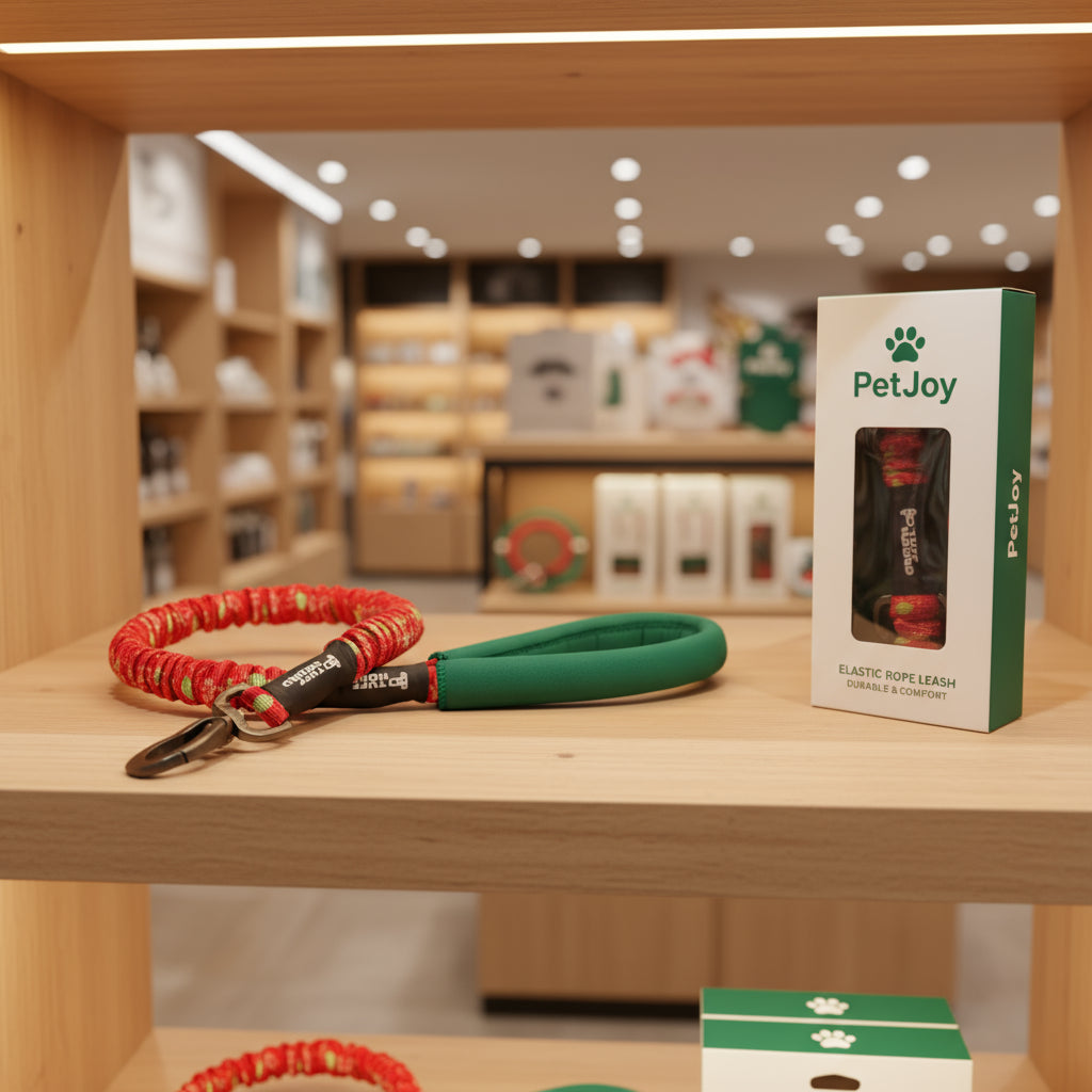 Red and green dog leash with a black clip on a white background