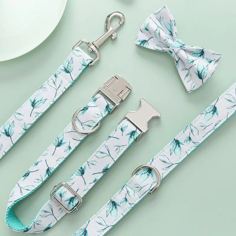 Dog and Cat Collar Set with Bowtie and Tropical Leaves