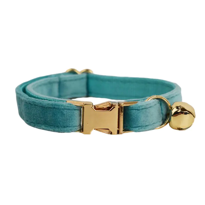 Turquoise Velvet Cat Collar with Bow and Bell