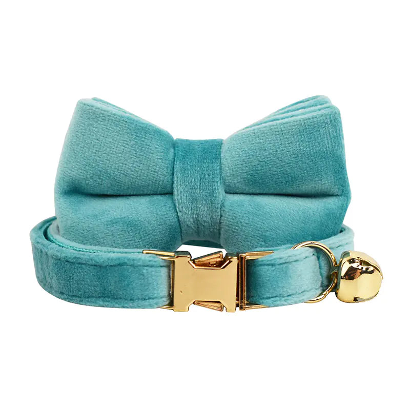 Turquoise Velvet Cat Collar with Bow and Bell