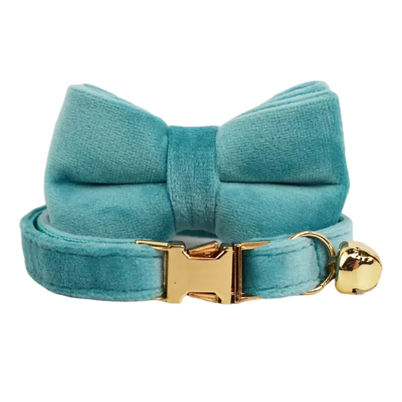 Turquoise Velvet Cat Collar with Bow and Bell
