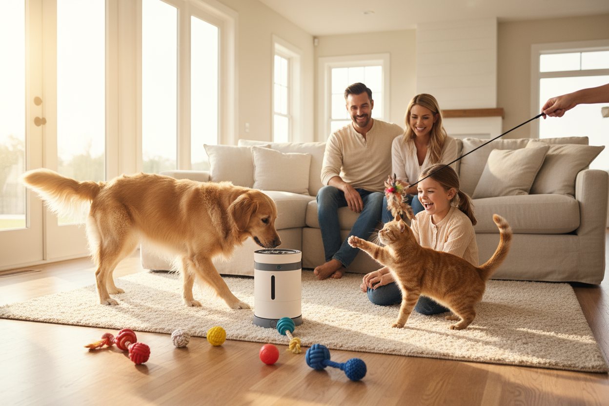 Happy Family with Pets and Toys