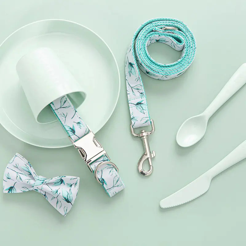 Dog and Cat Collar Set with Bowtie and Tropical Leaves