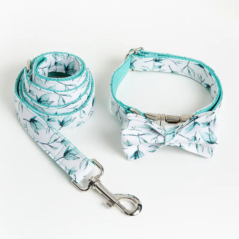 Dog and Cat Collar Set with Bowtie and Tropical Leaves